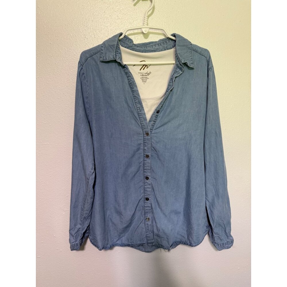 Miracle Body Blouse Chambray with White layer tank and Crochet Womans L